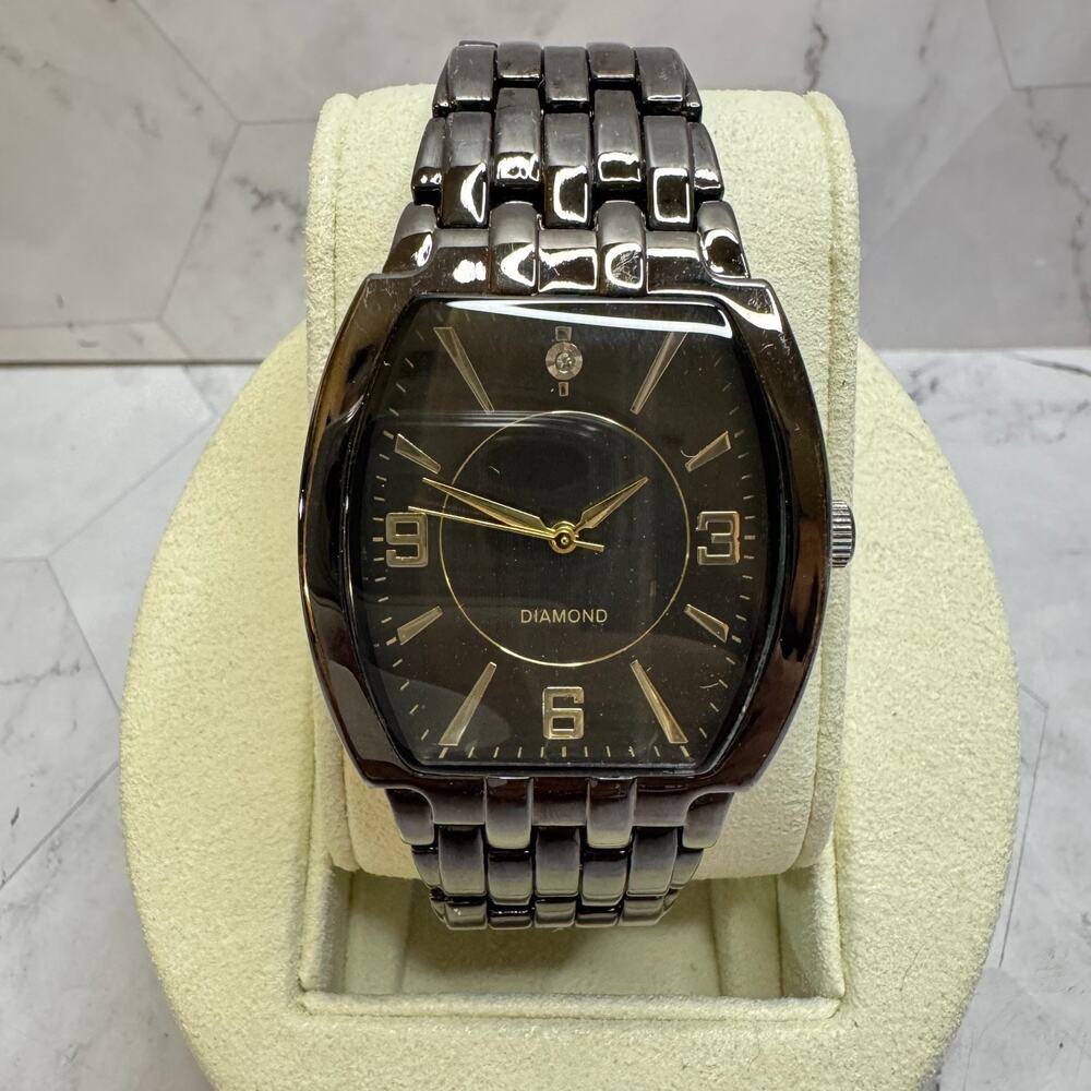 Allude Diamond Men's Watch Quartz FMD Japan Black Gold Tone Tonneau Barrel EUC